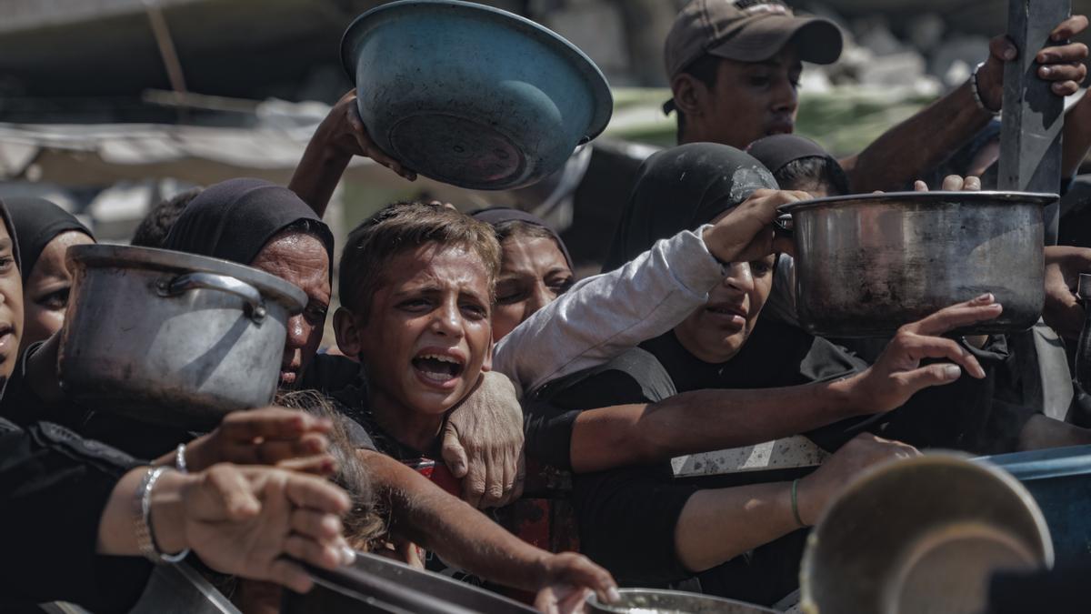 Niños tratando de conseguir comida en los centros de distribución de ayuda humanitaria en la Franja de Gaza.