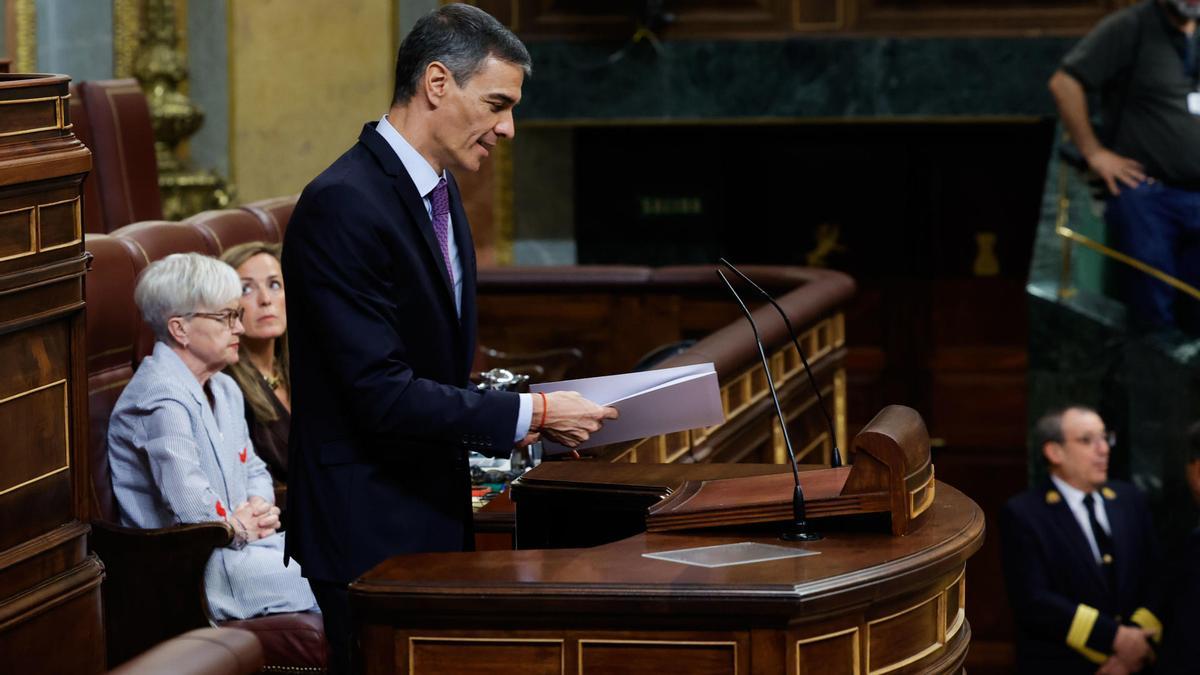 Pedro Sánchez interviene en el pleno en el Congreso de los Diputados, este miércoles.