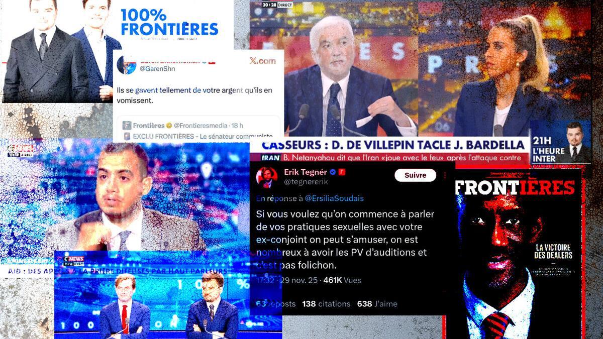 Montaje con imágenes del programa 100% Frontières en CNews y de la revista Frontières
