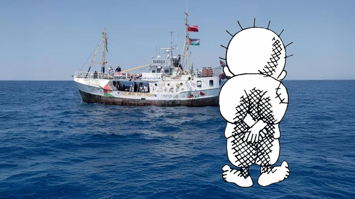 Fotomontaje entre el barco 'Handala' de la Flotilla de la Libertad y el niño Handala protagonista de las viñetas de Nayi al-Ali