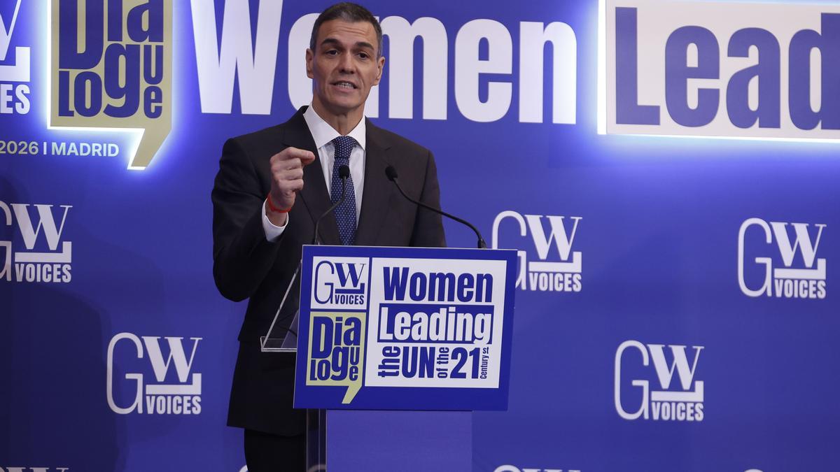 El presidente del Gobierno, Pedro Sánchez, interviene en el acto 'Mujeres liderando la ONU en el siglo XXI', este viernes en Madrid.