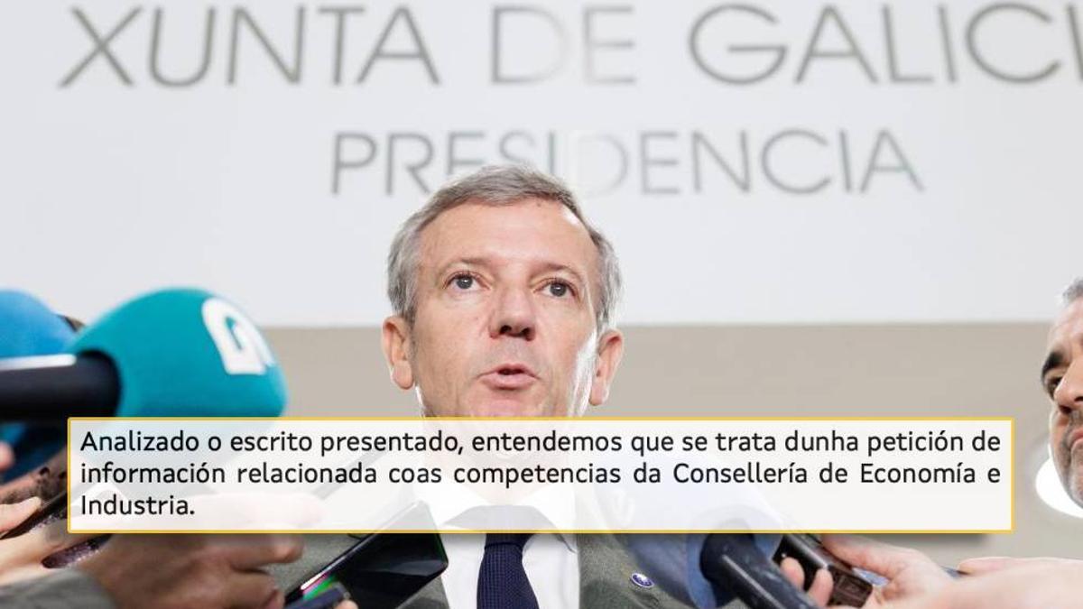 Respuesta oficial de la Xunta a una petición de transparencia sobre el acuerdo con Altri como documento "en poder" de la Presidencia tras admitir Rueda que lo conoce.