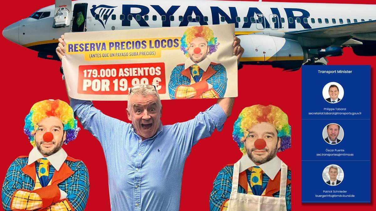 El CEO de la compañía, Michael O’Leary, posa con dos figuras del ministro Bustinduy disfrazado de payaso. Al lado, la web creada por Ryanair para señalar a ministros de Transporte de la UE.