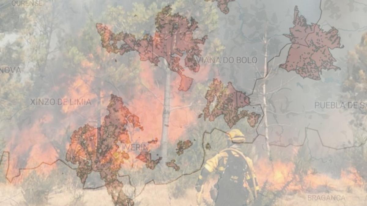 Imagen de un bombero forestal combatiendo las llamas superpuestas a la superficie quemada en los cinco mayores incendios de agosto en Galicia.