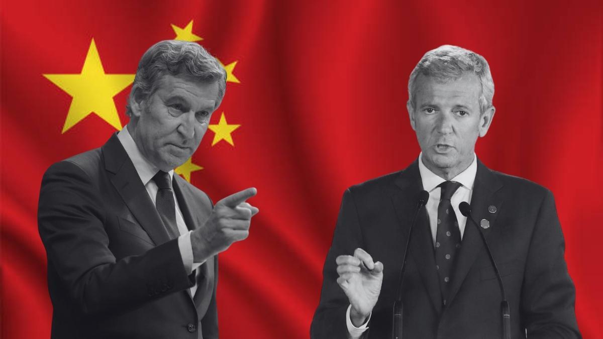 Montaje con fotografías de Alberto Núñez Feijóo y Alfonso Rueda sobre la bandera de la República Popular de China