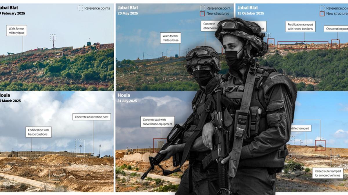 Militares israelíes sobre las fotografías de cómo han evolucionado las bases militares de Israel en el sur del Líbano