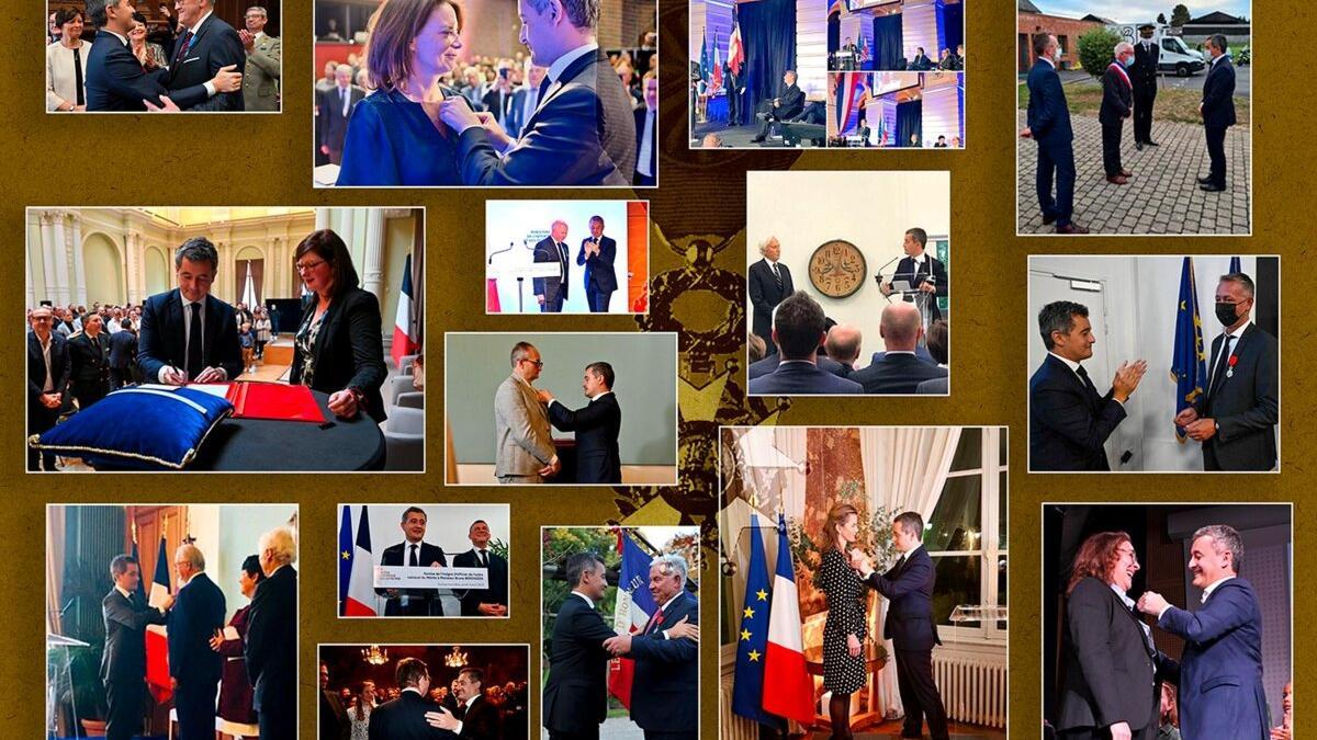 Gérald Darmanin entrega condecoraciones a varios galardonados.