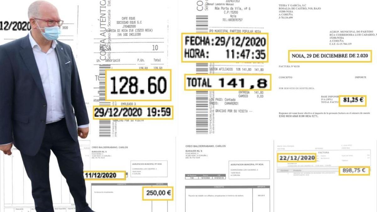 Facturas del PP de Noia en locales hosteleros con fecha de diciembre de 2020 al lado de una imagen del exalcalde del pueblo durante la pandemia.