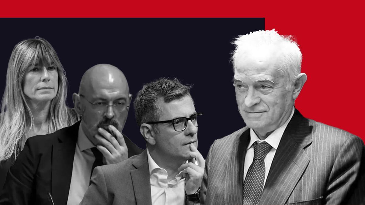 La esposa de Pedro Sánchez, Begoña Gómez; el rector de la UCM, Joaquín Goyache, el ministro Félix Bolaños y el juez Juan Carlos Peinado.