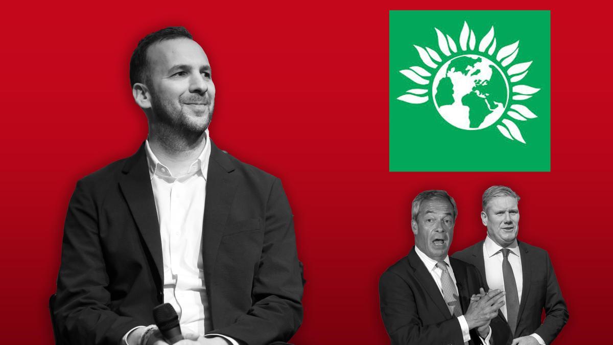 El líder de los Verdes de Inglaterra y Gales, Zack Polanski, en un montaje con Nigel Farage y Keir Starmer.