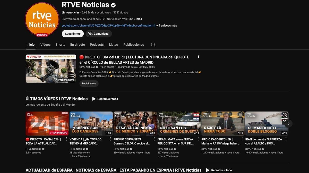Vista parcial del canal de Noticias de RTVE en YouTube.