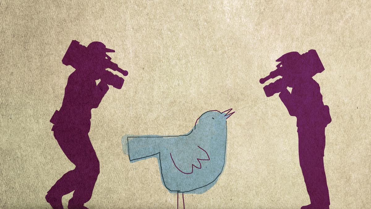 Ilustración de dos siluetas enfocando o apuntando a un ave.