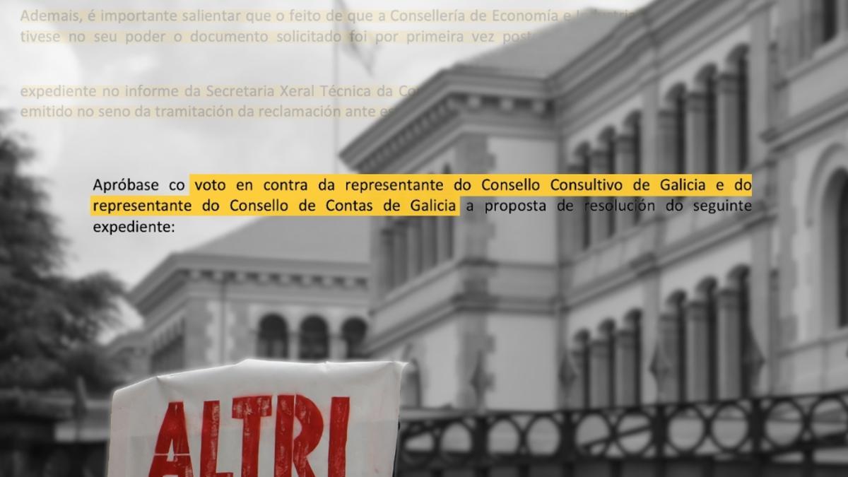 Fragmentos del acta que refleja los votos particulares de Contas y Consultivo, sobre una imagen de una manifestación contra Altri a las puertas de la Xunta.