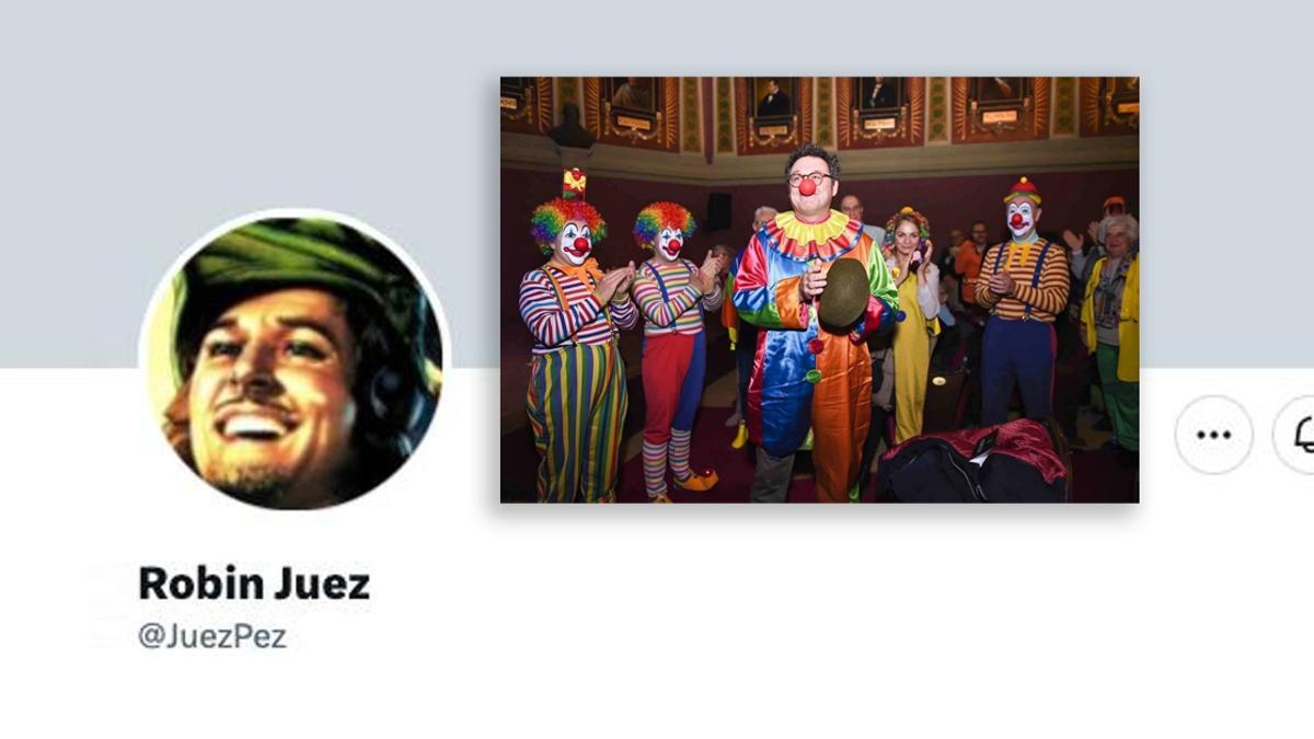 Perfil de Robin Juez en X (Twitter) con el montaje que ha compartido del ex fiscal general del Estado vestido de payaso