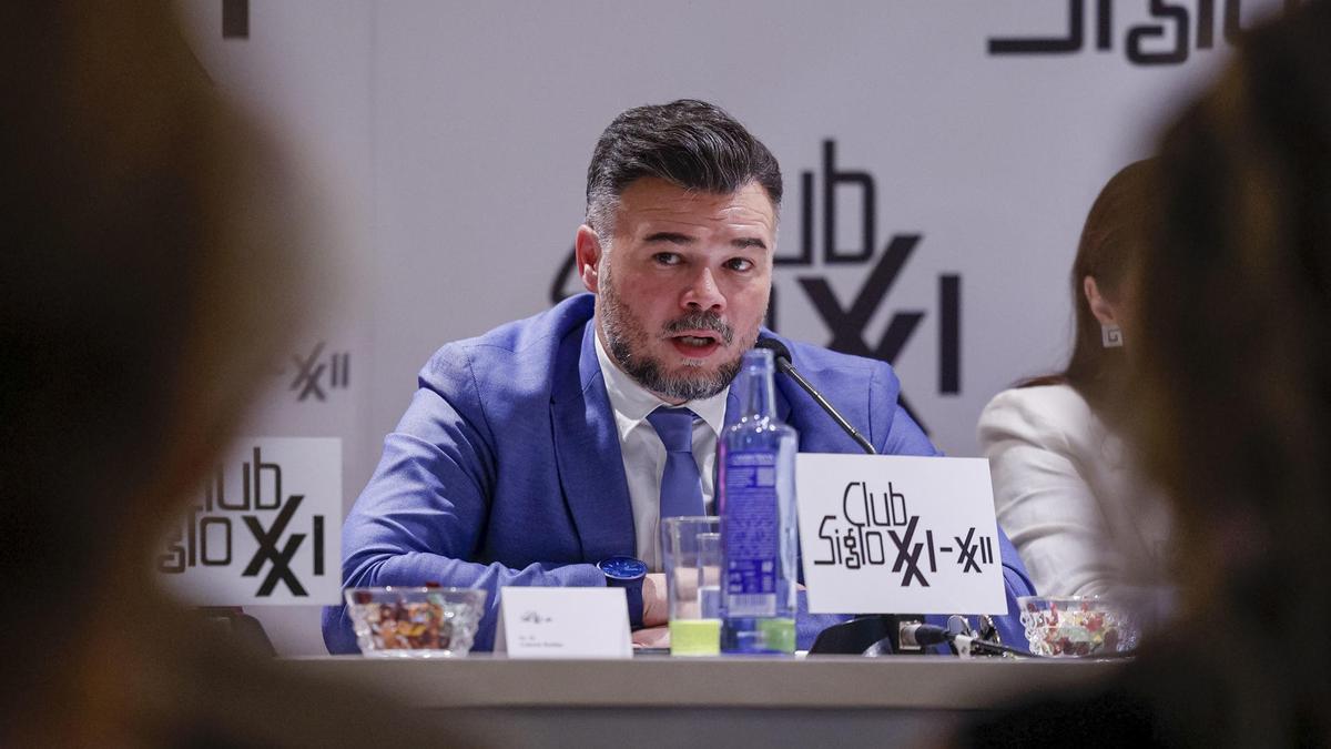 El portavoz parlamentario de ERC, Gabriel Rufián, protagoniza un coloquio organizado por el Club Siglo XXI, este miércoles en Madrid.