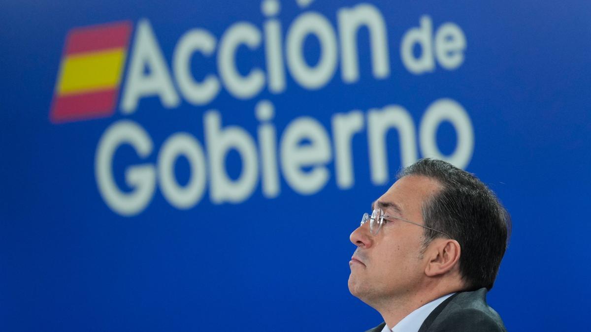 José Manuel Albares durante la rueda de prensa posterior a la reunión del Consejo de Ministros, este martes en el Palacio de la Moncloa..