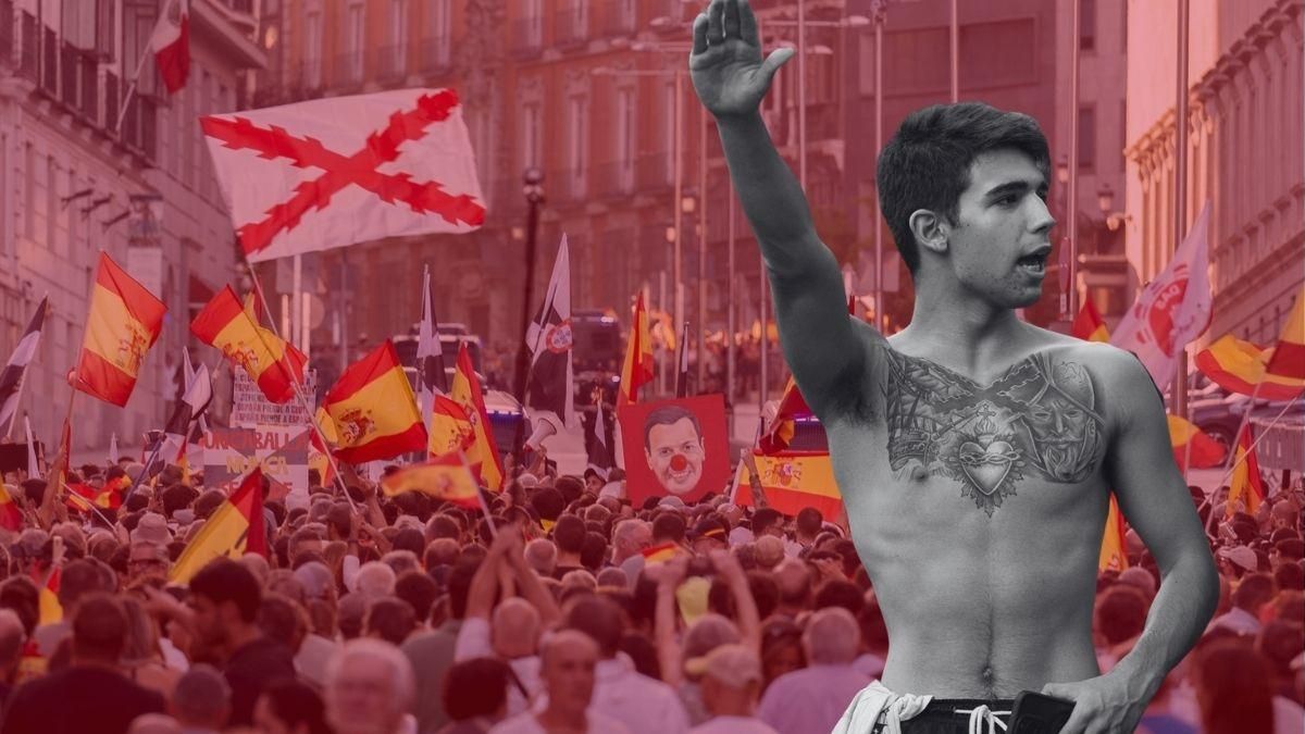 Panorámica de la manifestación en apoyo a Ceuta en Madrid y un miembro de Núcleo Nacional haciendo el saludo nazi.