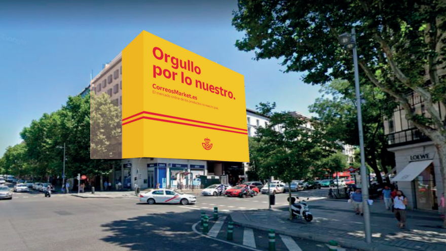 Lona de Correos en la confluencia de las calles Goya y Serrano, en Madrid.