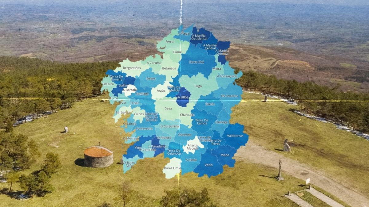 Mapa comarcal vigente en Galicia desde 1997 sobre una imagen del Monte Faro.