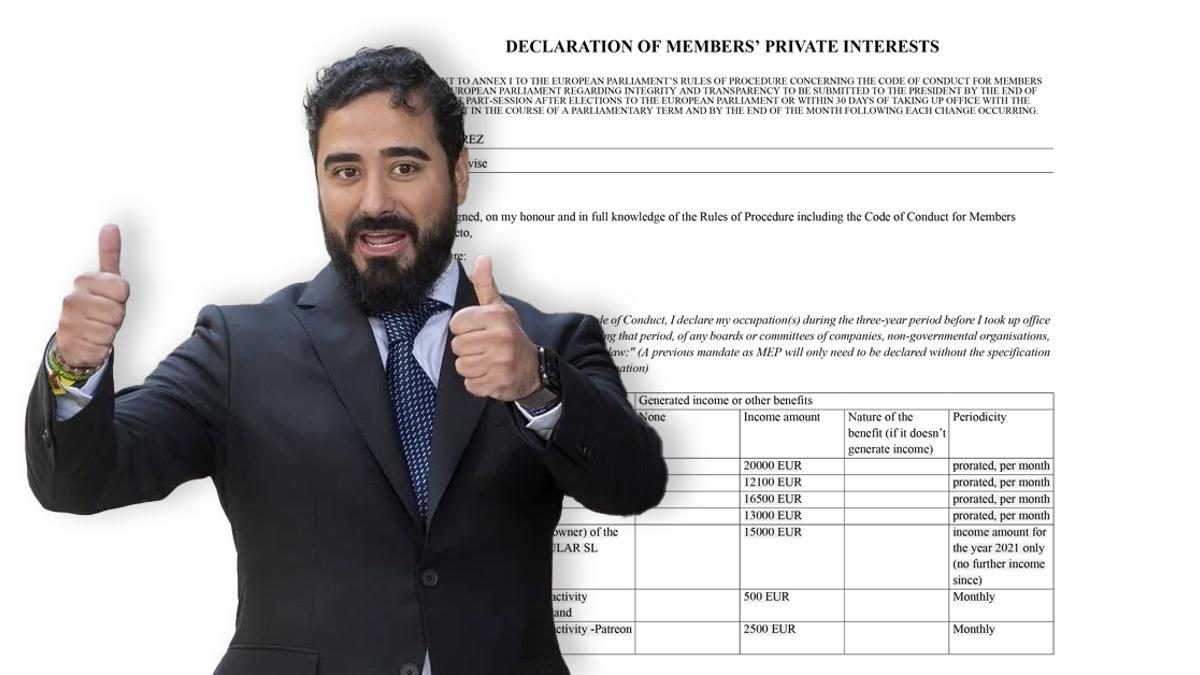 Alvise Pérez en una imagen de este mes de junio sobre una captura de la nueva declaración que ha presentado ante el Parlamento Europeo