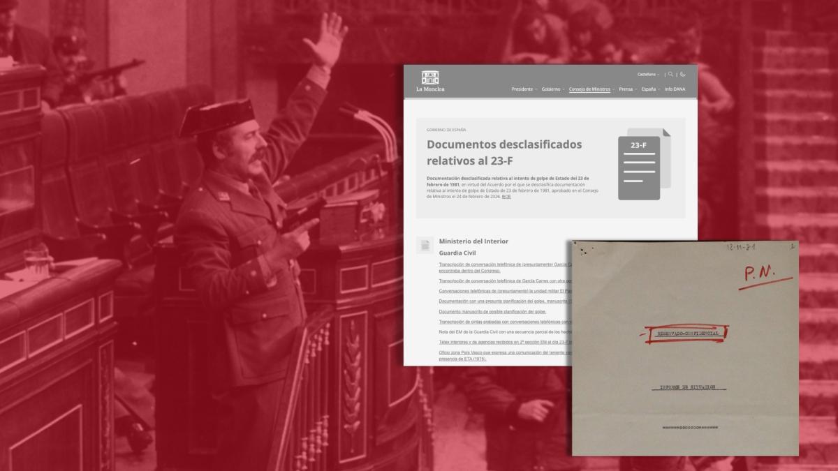 El teniente coronel Antonio Tejero en el intento de golpe de Estado del 23-F junto a capturas de los documentos desclasificados y publicados en febrero de 2026.