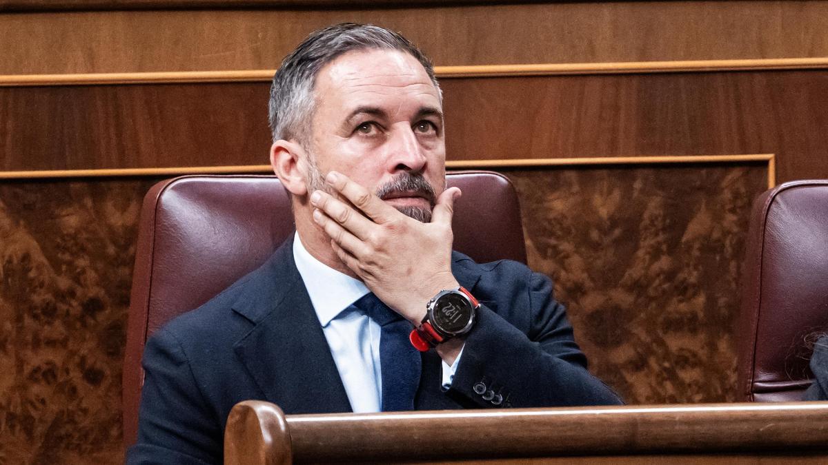 El presidente de Vox, Santiago Abascal, durante un pleno en el Congreso de los Diputados.