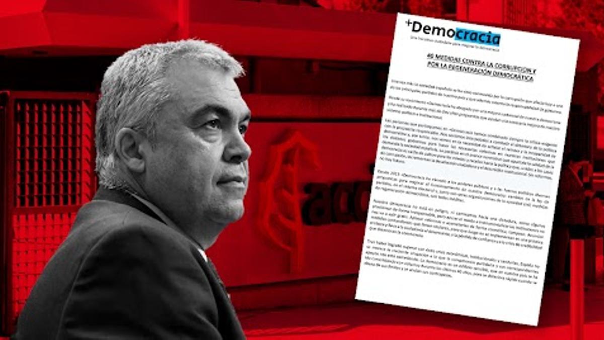 Una composición de Santos Cerdán sobre un logo de Acciona, junto a una imagen del informe de +Democracia.