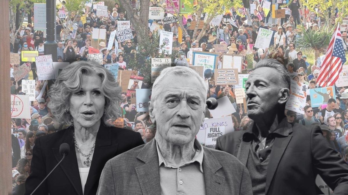 Robert de Niro, Springsteen y Jane Fonda sobre una imagen de una protesta contra Donald Trump en junio de 2025.