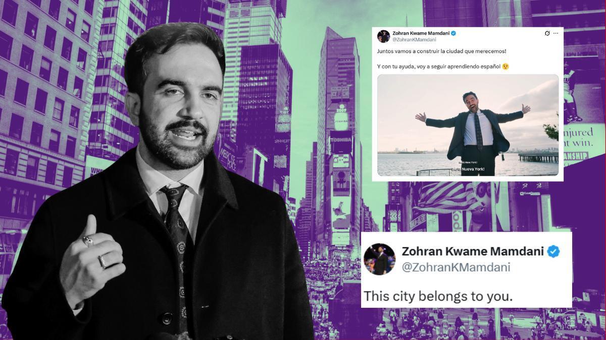 El alcalde electo electo de Nueva York, Zohran Mamdani, con algunos de sus tuits de campaña.