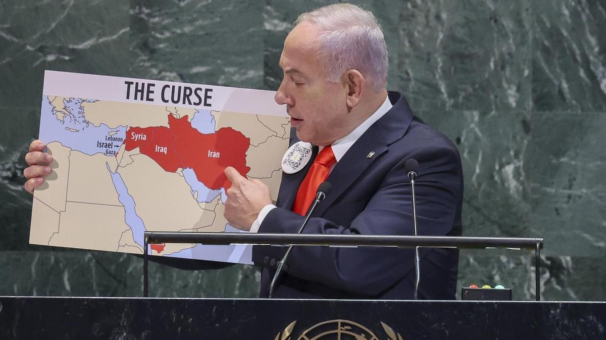 El primer ministro de Israel, Benjamin Netanyahu, habla durante el debate general del 80º periodo de sesiones de la Asamblea General de las Naciones Unidas.