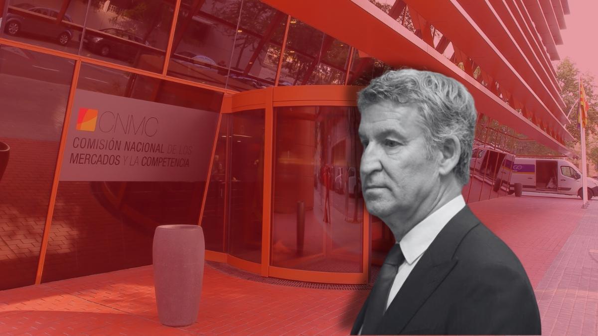 Alberto Núñez Feijóo frente a la entrada de la Comisión Nacional de los Mercados y la Competencia (CNMC).