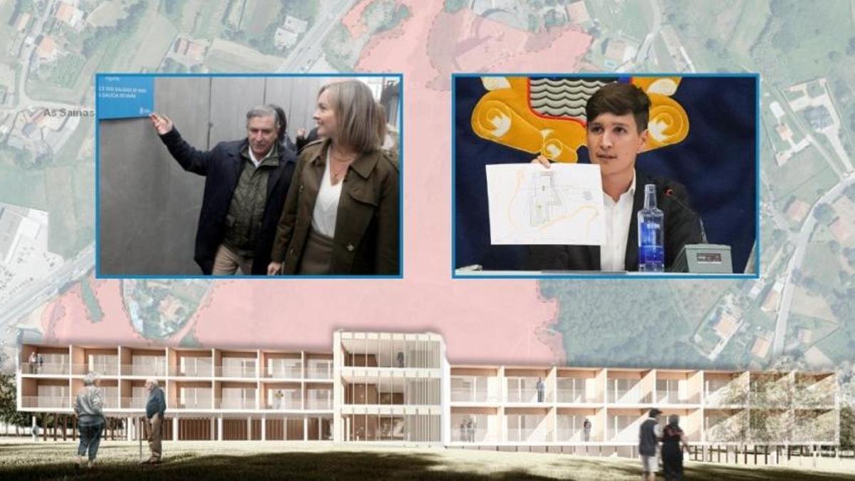 El alcalde de Ribeira, Luís Pérez Barral (BNG) -derecha-, mostrando planos remitidos por Política Social para la futura residencia, y una imagen del exalcalde Manuel Ruiz Rivas (PP), con la conselleira de Política Social, Fabiola García.