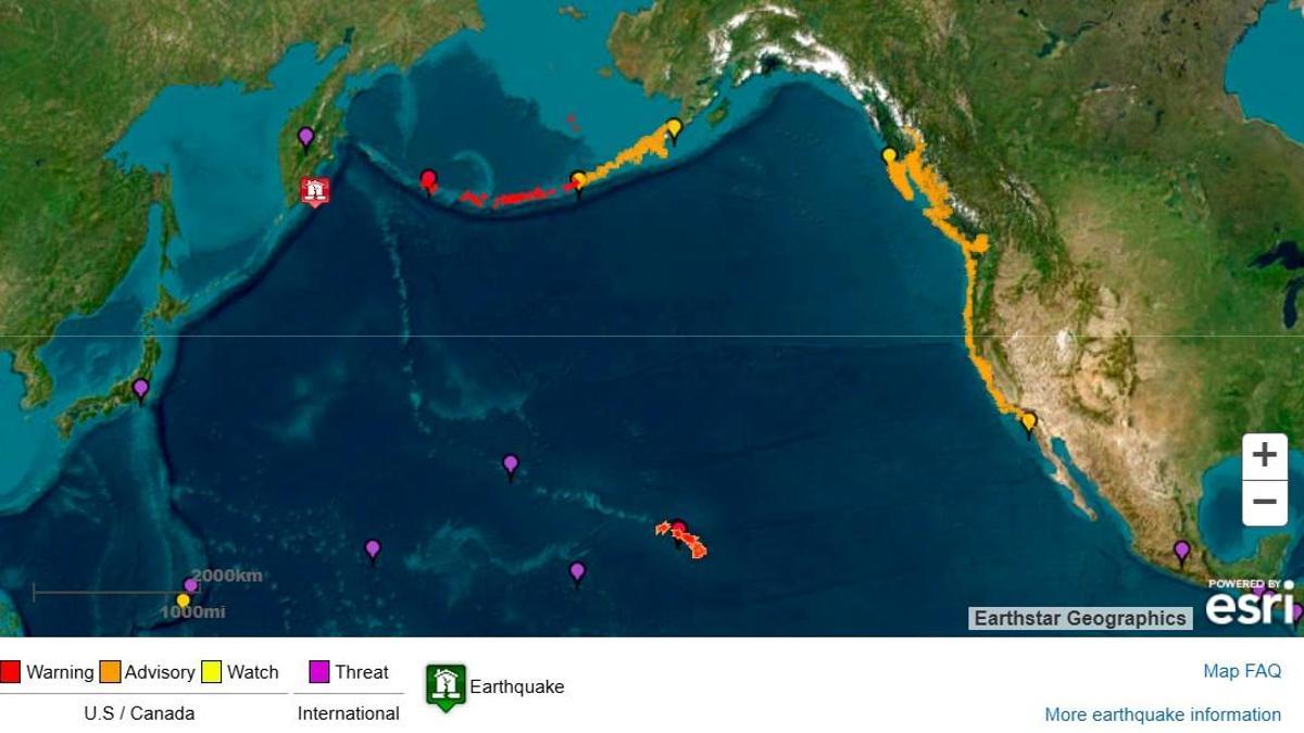 Imagen cedida por el Servicio Meteorológico Nacional (NOAA) de los Estados Unidos y su Sistema de Alerta de Tsunamis que muestra el punto origen del terremoto de magnitud 8,8 este martes.