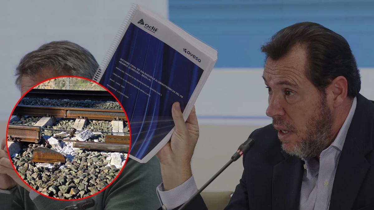 El ministro de Transportes, Óscar Puente, durante una rueda de prensa en Madrid con una imagen sobreimpresa de los raíles dañados en el accidente facilitada por el ministro