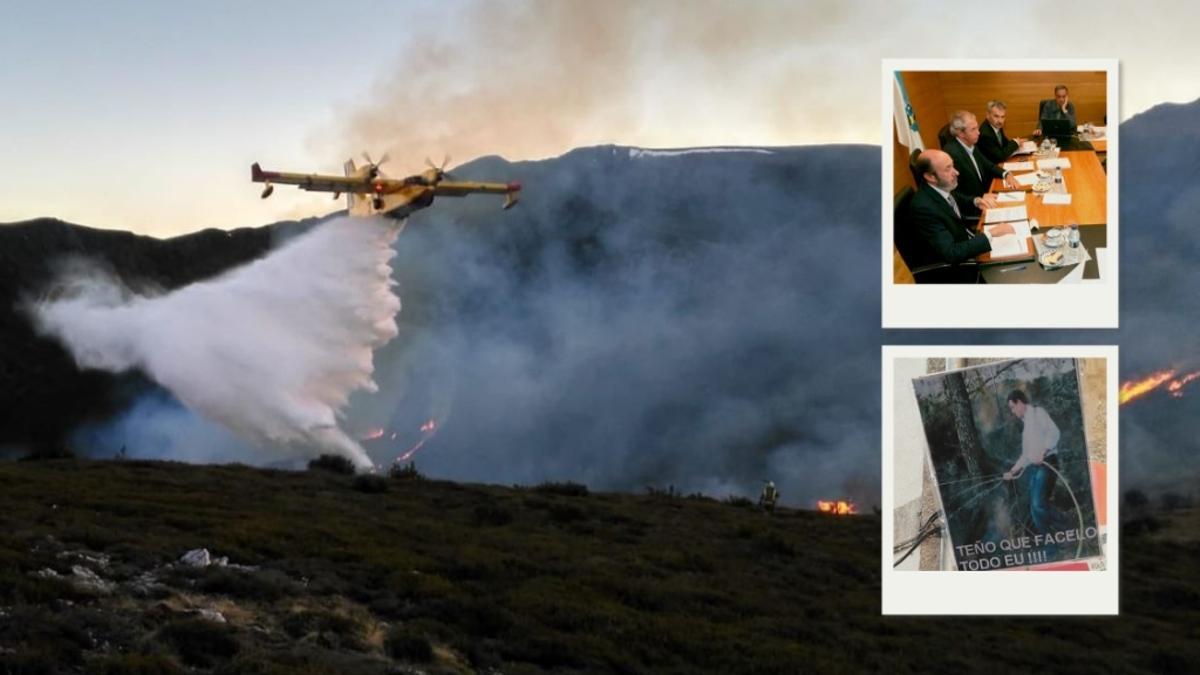 Extinción de uno de los incendios del verano de 2025, responsables de la Xunta y del Estado siguiendo la ola de 2006 y pancarta con la fotografía de Feijóo simulando apagar un fuego de aquel verano.