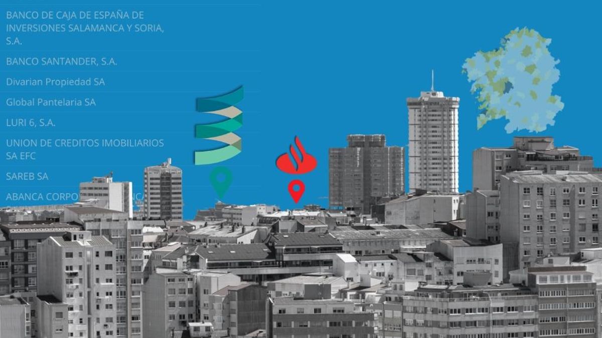 Detalles de los datos obtenidos por Praza.gal, sobre una imagen de viviendas en A Coruña, ciudad con más pisos vacíos a nombre de los bancos inscritos en el censo de la Xunta.