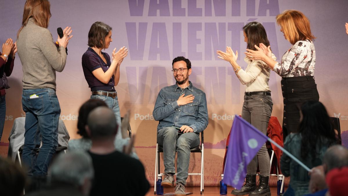 Podemos cierra la campaña con la secretariga general, Ione Belarra, la eurodiputada Irene Montero y el candidato a la Junta, Miguel Ángel Llamas