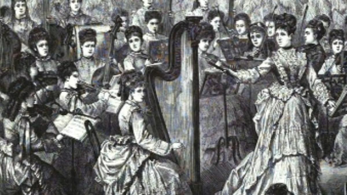 Orquesta femenina de Josephine Weinlich, primera orquesta femenina europea 1868-1879. Über Land und Meer, grabado en madera de Vincenz Katzler.