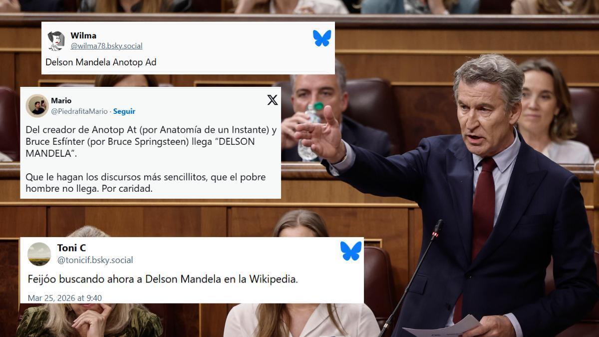 Feijóo durante su intervención en el Congreso y post de X y Bluesky.