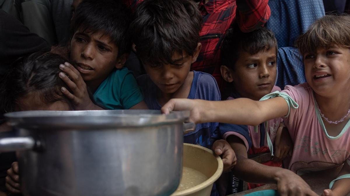 Cientos de palestinos desplazados se reúnen frente a un comedor social en la ciudad de Gaza para recibir raciones limitadas de alimentos.