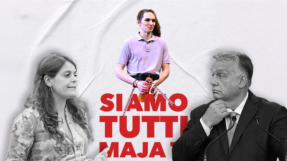 La eurodiputada Ilaria Salis y el presidente húngaro, Viktor Orbán. En el medio, cartel de apoyo a Maja T. del grupo europeo The Left.