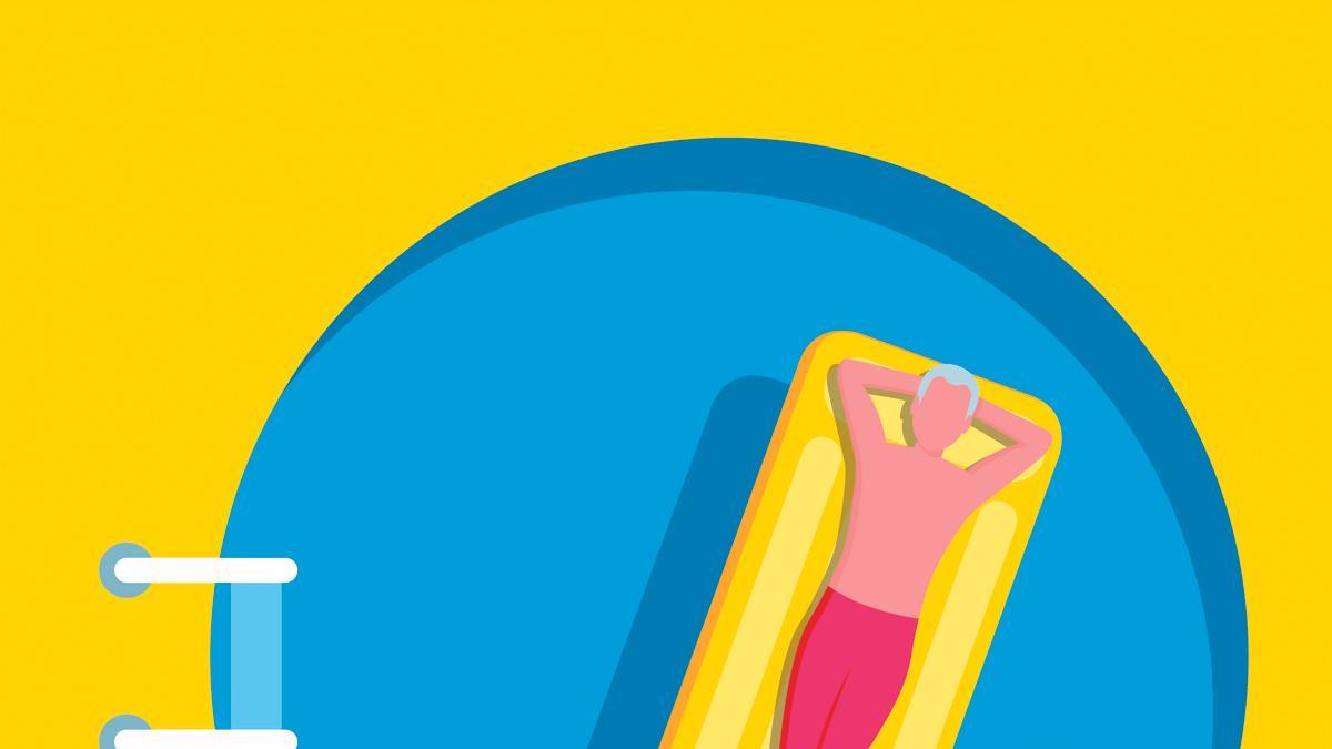 Ilustración de un bañista tumbado en una colchoneta dentro de una piscina redonda.