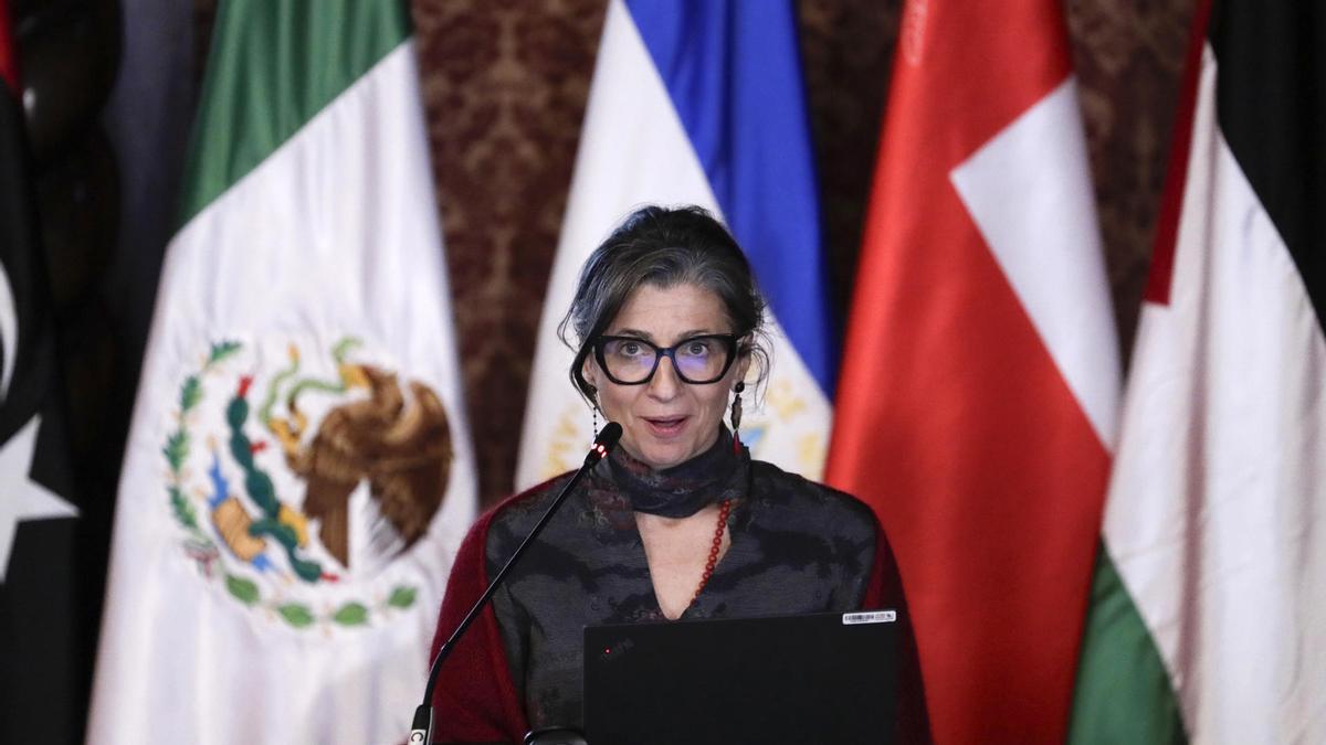 La relatora de la ONU para Palestina, Francesca Albanese, habla durante la cumbre ministerial de emergencia del Grupo de La Haya