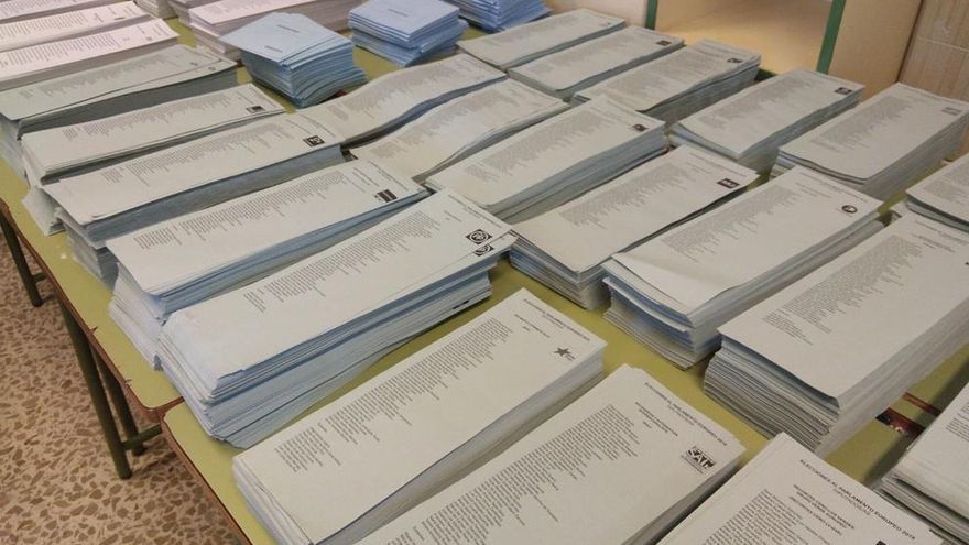 Mesa llena de papeletas de los diferentes partidos en las pasadas elecciones municipales, autonómicas y europeas del 26M.