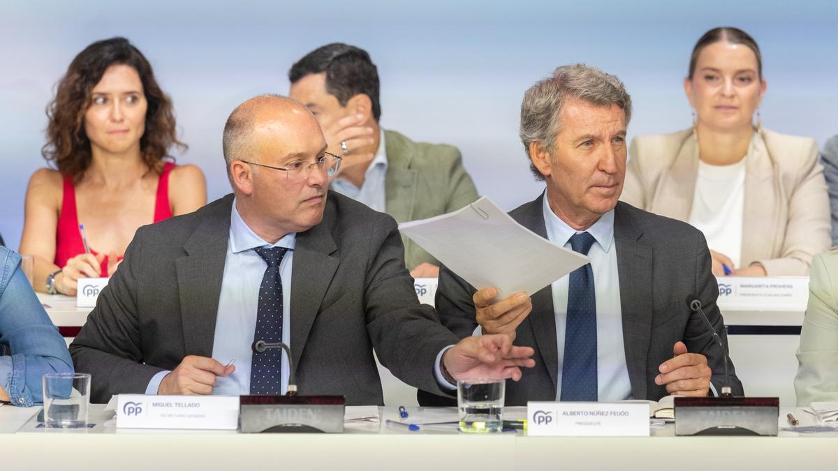 El presidente del PP, Alberto Núñez Fiejóo, acompañado por el secretario general del PP, Miguel Tellado, preside la reunión de la Junta Nacional del Partido Popular