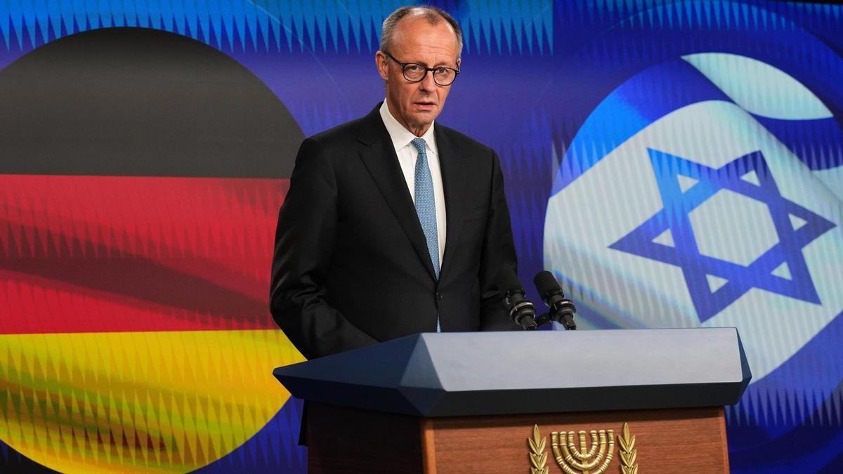 Friederich Merz, canciller alemán, en una rueda de prensa tras una reunión con Benajmin Netanyahu