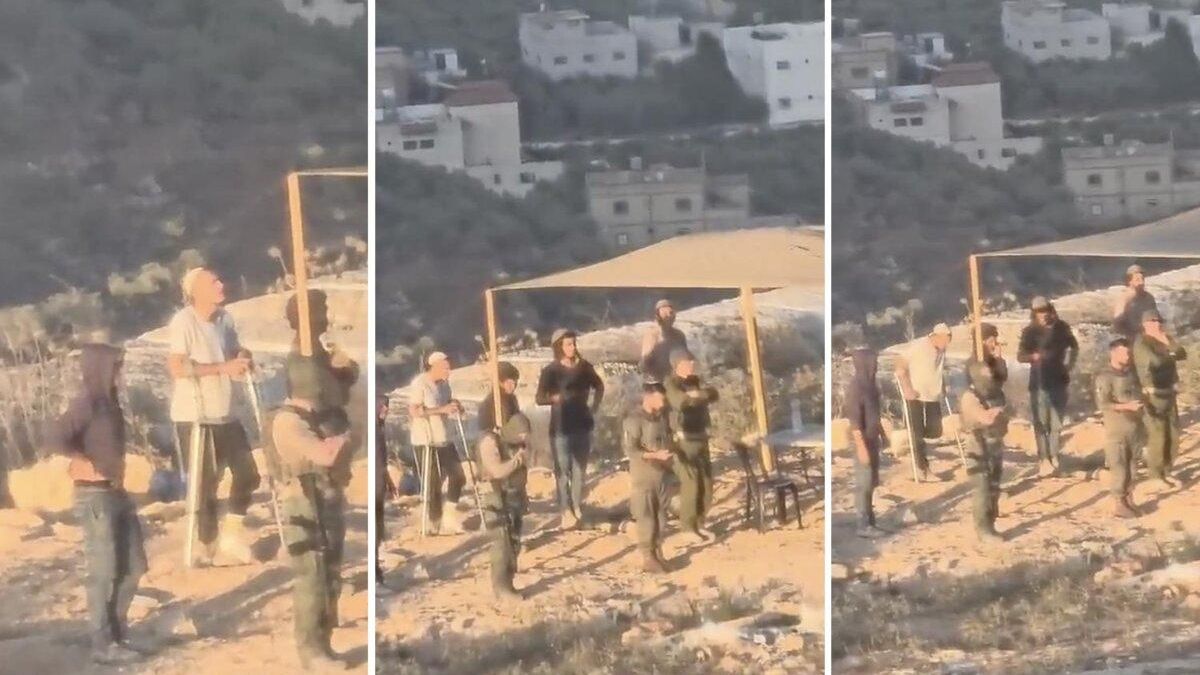 Soldados israelíes y colonos realizan oraciones talmúdicas en tierras palestinas confiscadas en la localidad de Qusra, al sur de Nablus. 