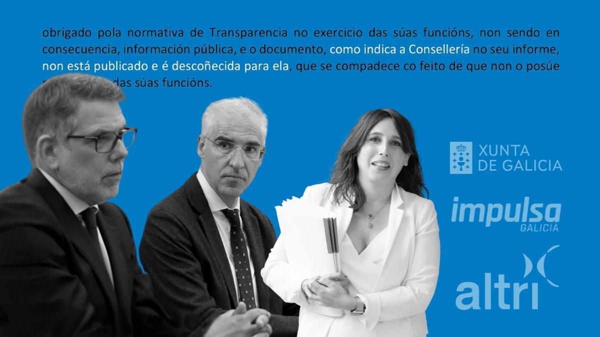 El exconselleiro Conde con el conselleiro delegado de Altri y la conselleira de Economía, María Jesús Lorenzana, última presidenta de Impulsa Galicia, sobre un fragmento de la resolución de Transparencia.