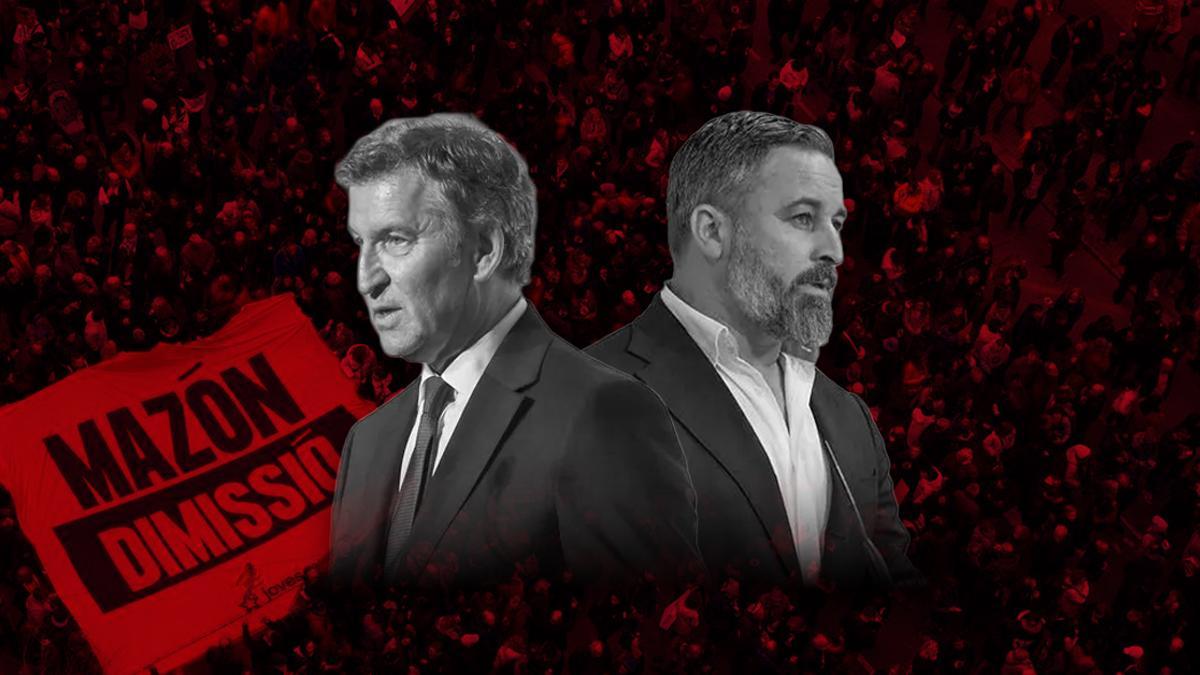 Alberto Núñez Feijóo contrapuesto a Santiago Abascal sobre una fotografía de un manifestación en la que se pedía la dimisión de Carlos Mazón