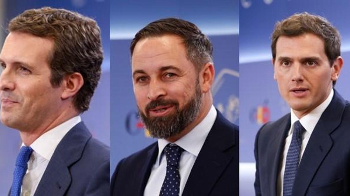Los líderes de PP, Vox y Ciudadanos.